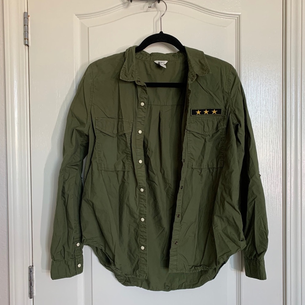 Olive Button Up Top with Star Detailing
